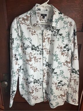 Express Men's White Floral Print Long-Sleeve Button-Down Shirt